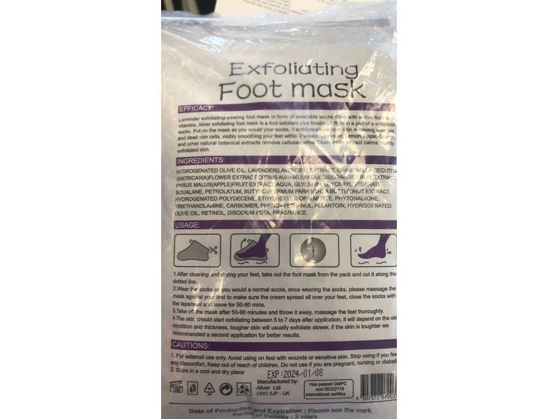 AL'IVER Exfoliating Foot Mask, Lavender, 1.41 oz/40 g, 5 Count