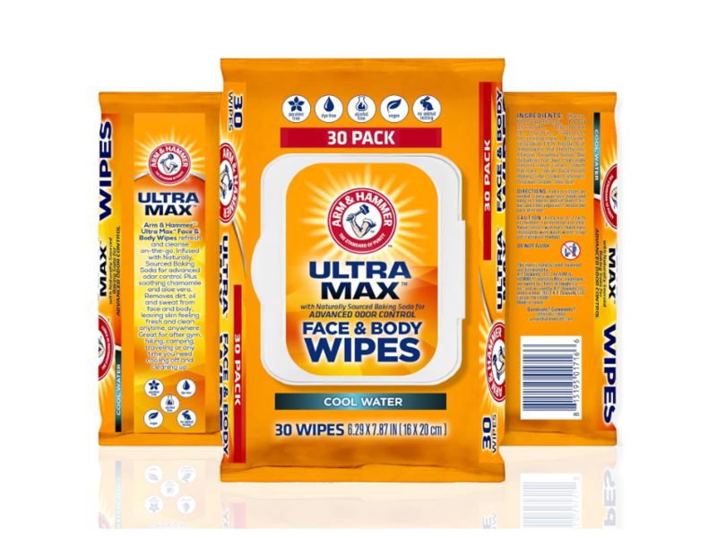 Arm & Hammer Ultra Max Face & Body Wipes, Cool Water, 30 Count.