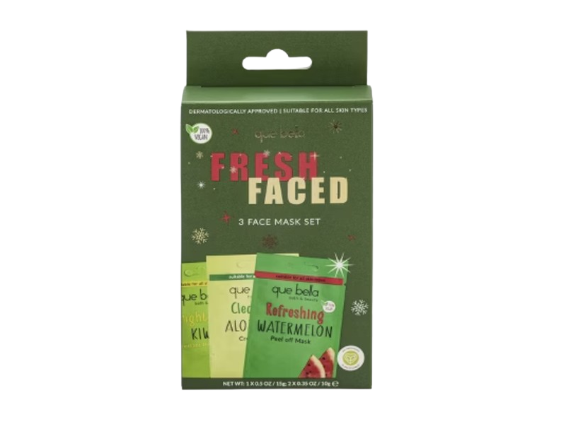 Que Bella Fresh Faced 3 Face Mask Set, Watermelon, Kiwi, Aloe Vera