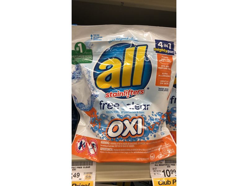 All Oxi 4 In 1 Detergent Mighty Pacs, Free Clear, 11.2 oz/320 g, 16 Count