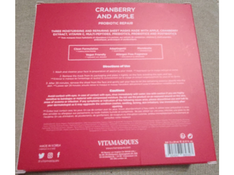 Vitamasques Probiotic Repair Sheet Mask, Cranberry And Apple, 0.77 fl oz/23 mL, 3 Count