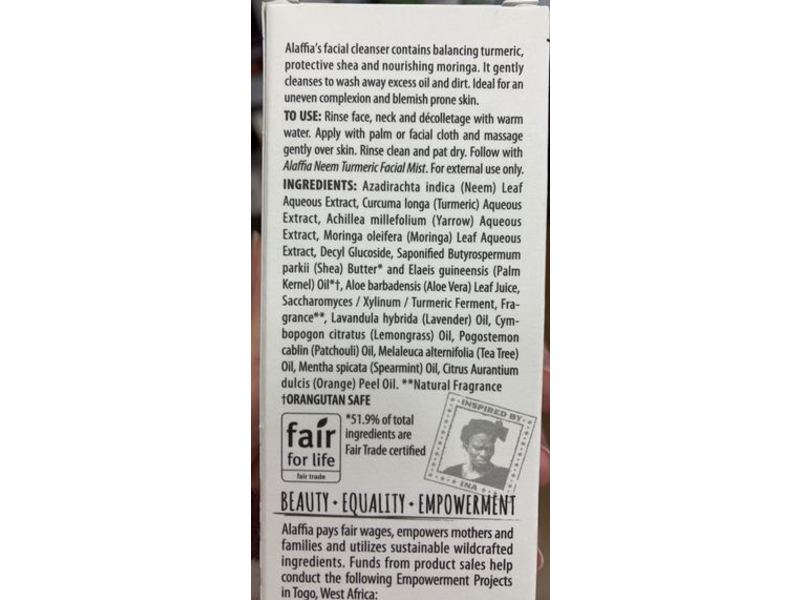 Alaffia Neem Turmeric Cleanser, Yarrow & Moringa, 3.4 fl oz/100 mL