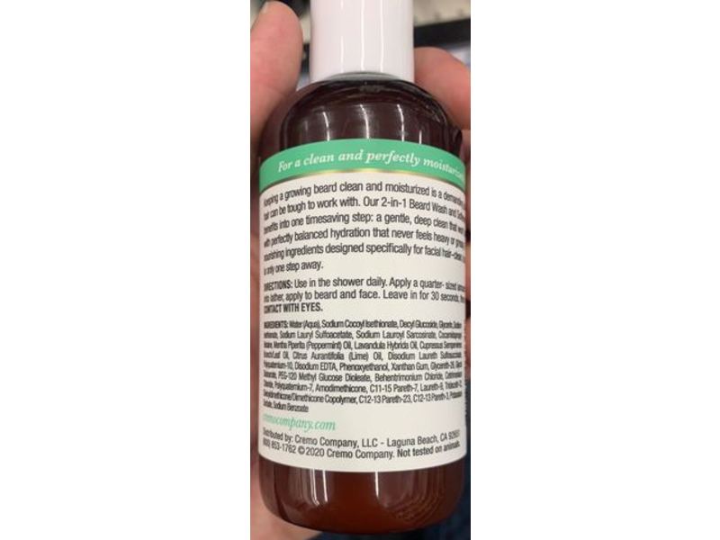 Cremo 2-In-1 Beard Wash & Softener, Wild Mint, 6 fl oz/177 mL