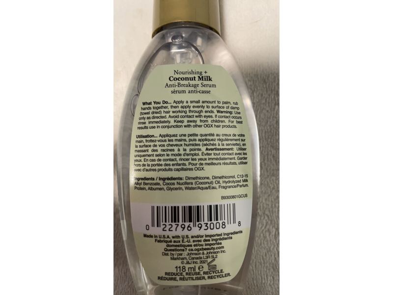 OGX Nourishing Coconut Milk Anti-Breakage Serum, 4 fl oz/118 mL