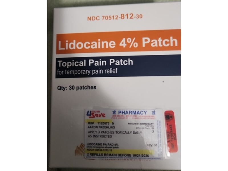 Sola Pharmaceuticals Lidocaine 4% Topical Pain Patch, 30 Count