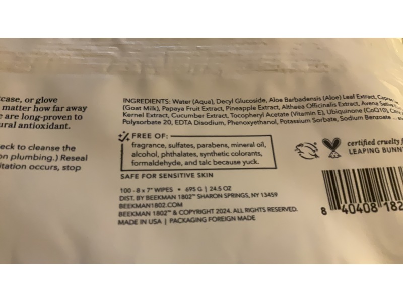 Beekman 1802 Goat Milk Face & Body Cleansing Wipes, Cucumber Extract & Aloe, 100 count