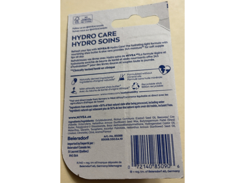 Nivea Hydro Care Hydrating Lip Balm, Shea Butter + Aloe Vera, 4.8 g, Pack Of 2