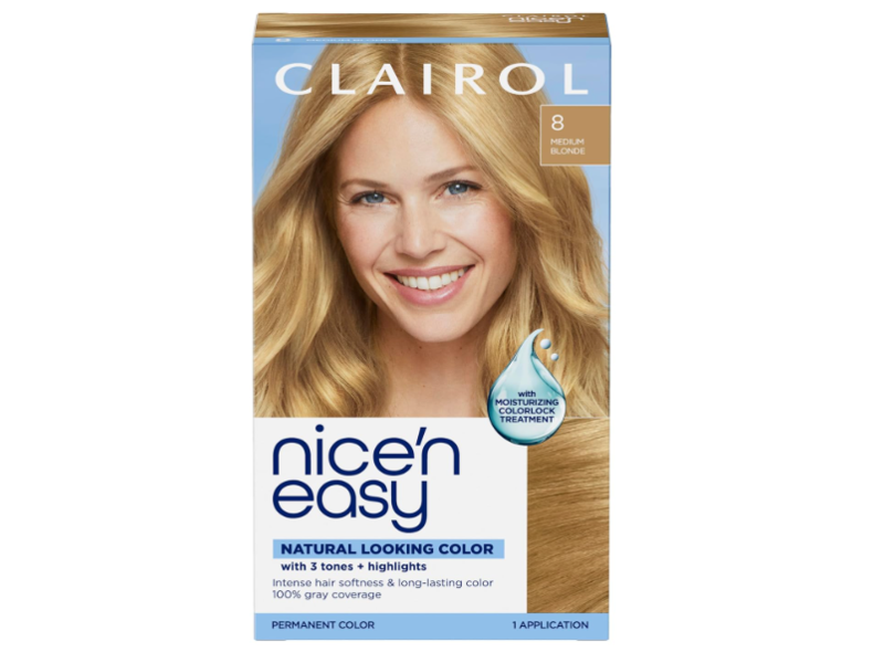 Clairol Nice'n Easy 3 Tones+Highlights Permanent Hair Color, 8 Medium Blonde, 1 Application