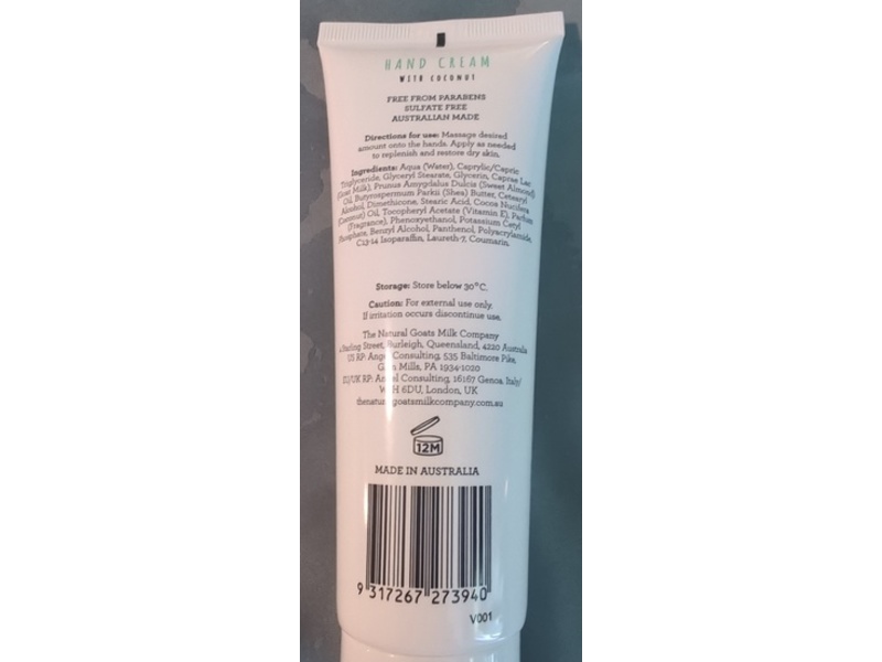 The Natural Goats Milk Company Hand Cream, Coconut, 4.3 fl oz/125 mL