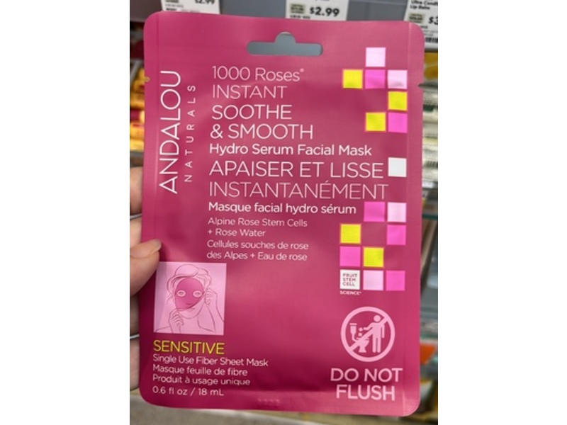 Andalou Naturals 1000 Roses Instant Sooth & Smooth Hydro Serum Facial Mask, 0.6 fl oz/18 mL