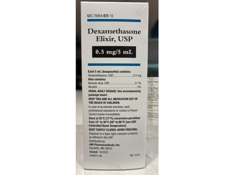 Dexamethasone Elixir USP, 0.5 mg/5 mL, 8 fl oz (237 mL), Ani Pharmaceuticals (RX)