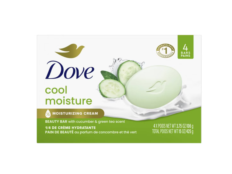 Dove Cool Moisture Beauty Bar, Cucumber & Green Tea Scent, 3.75 oz/106 g, Pack Of 4