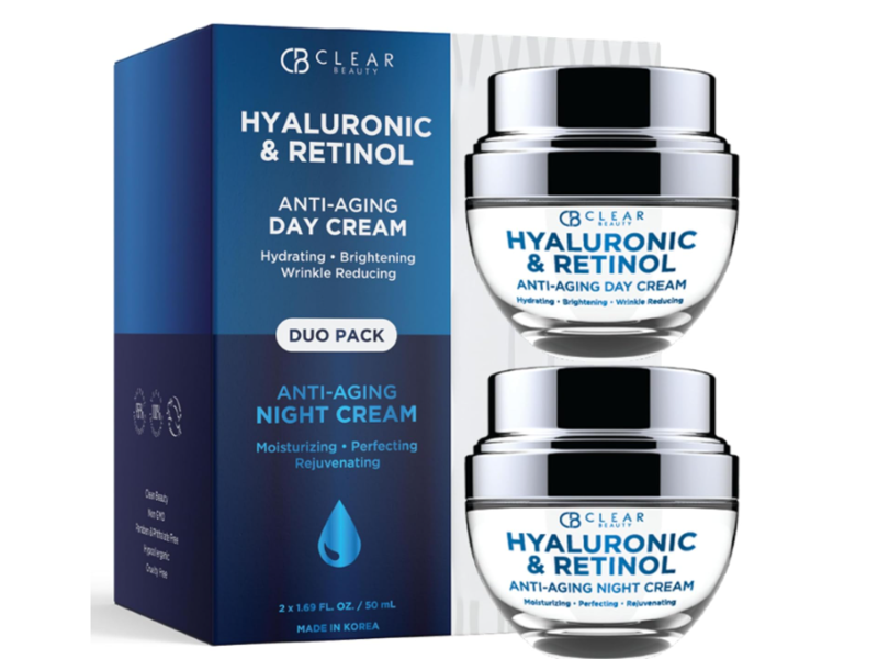 Clear Beauty Anti-Aging Day & Night Cream Duo, Hyaluronic & Retinol, 1.69 fl oz/50 mL
