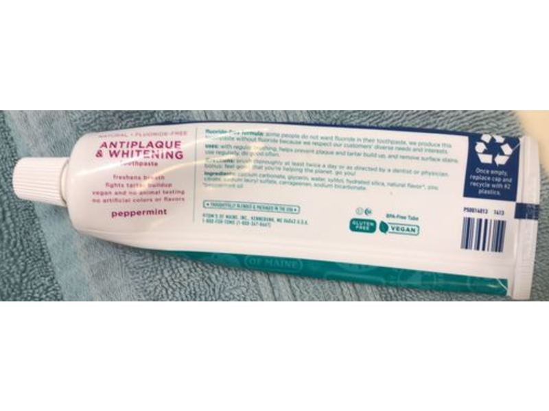 Tom's Of Maine Antiplaque & Whitening Tooth Paste, Peppermint, 5.5. oz/155.9 g, Pack Of 2