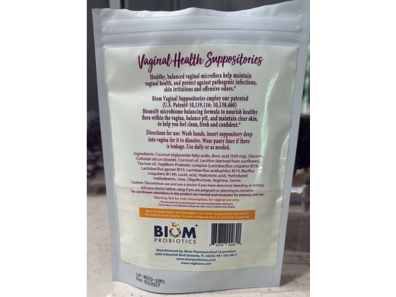 Biom Vaginal Health Suppositories, Probiotics+Prebiotics+Boric acid, 10 Count
