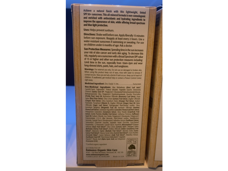 Eminence Organic Skin Care Daily Defence Tinted Mineral Sunscreen, SPF 50+, 1.7 fl oz/50 mL