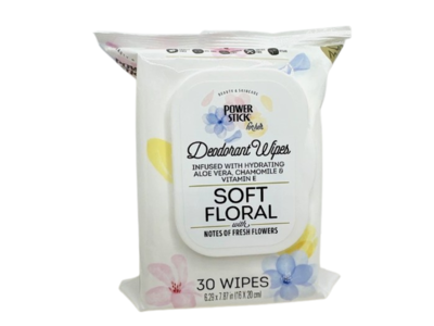 Power Stick Deodorant Wipes, Soft Floral, 30 Count
