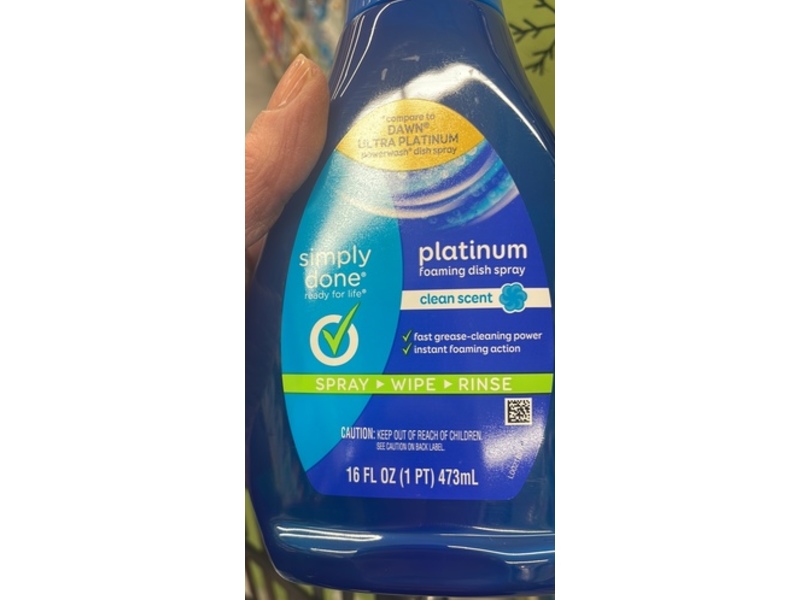Simply Done Platinum Foaming Dish Spray, Clean Scent, 16 fl oz/473 mL