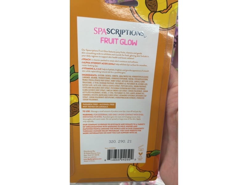 Spascriptions Fruit Glow Smoothing Lip Sugar Scrub, Peach+AHAs, 0.25 fl oz/7.5 mL