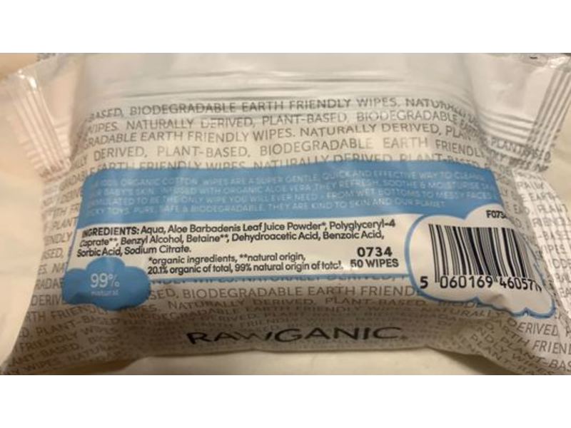 Rawganic Biodegradable Organic Cotton Baby Wipes, 50 Count