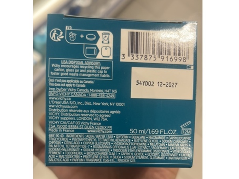 Vichy Laboratoires Moisture Recovery Night Cream, Pure Hyaluronic Acid + Minearals, 1.69 fl oz/50 mL