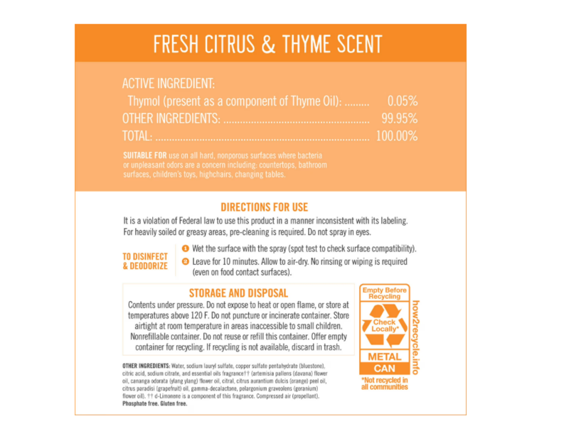 Seventh Generation Botanical Disinfectant Spray, Fresh Citrus & Thyme Scent, 13.9 oz/394 g
