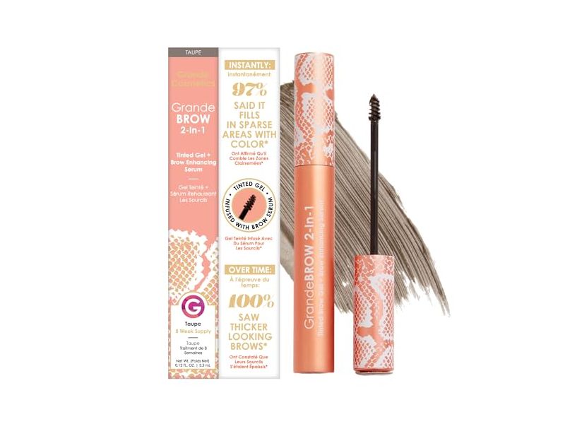 Grande Cosmetics Grande Brow 2-In-1 Tinted Gel + Brow Enhancing Serum, Taupe, 0.12 fl oz/3.5 mL