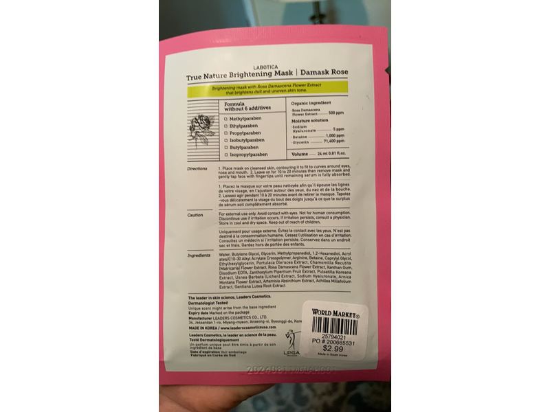 Labotica True Natural Brightening Mask, Damask Rose, 0.81 fl oz/24 mL, Pack Of 10