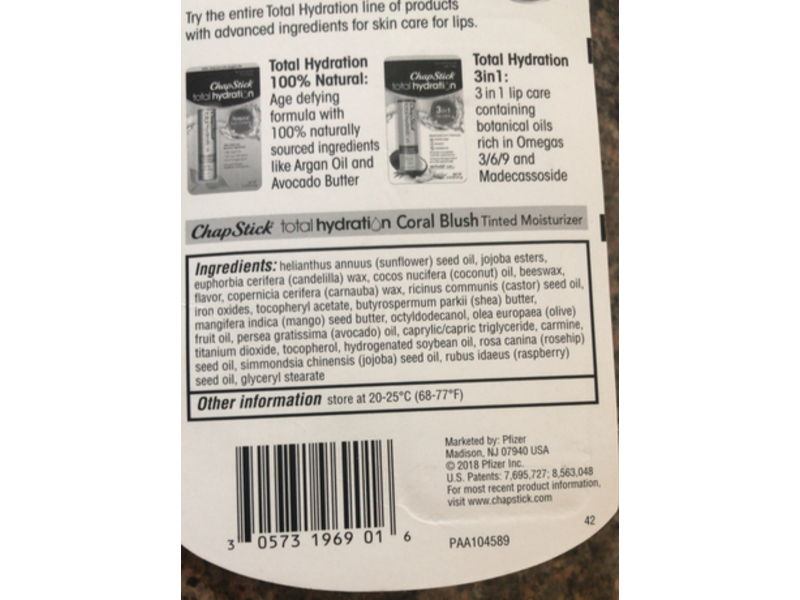 ChapStick Total Hydration Lip Balm Tube Moisture + Tint, Coral Blush, 0.12 oz/3.5 g