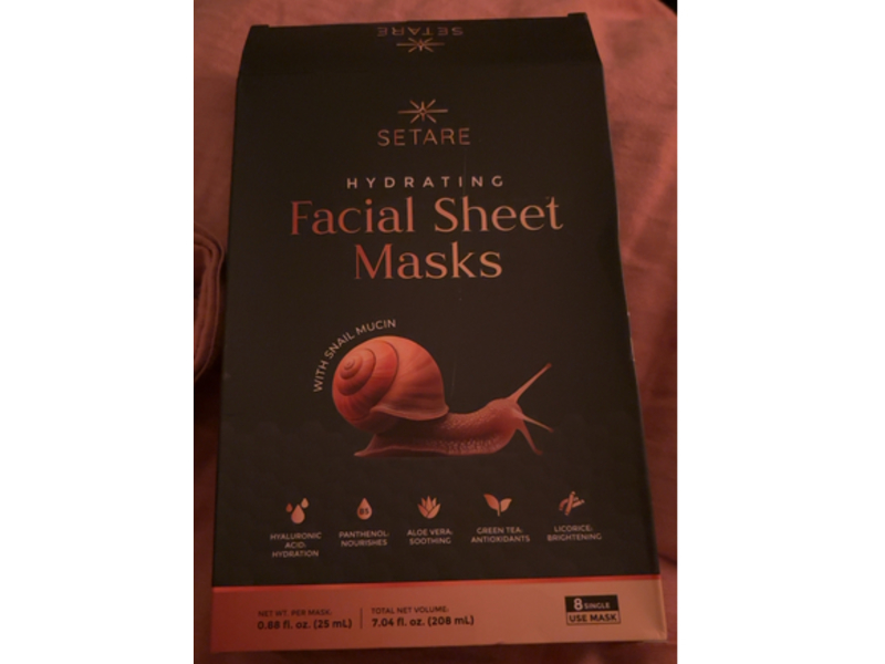 Setare Hydrating Facial Sheet Masks, Snail Mucin, 0.88 fl oz/25 mL, 8 Count
