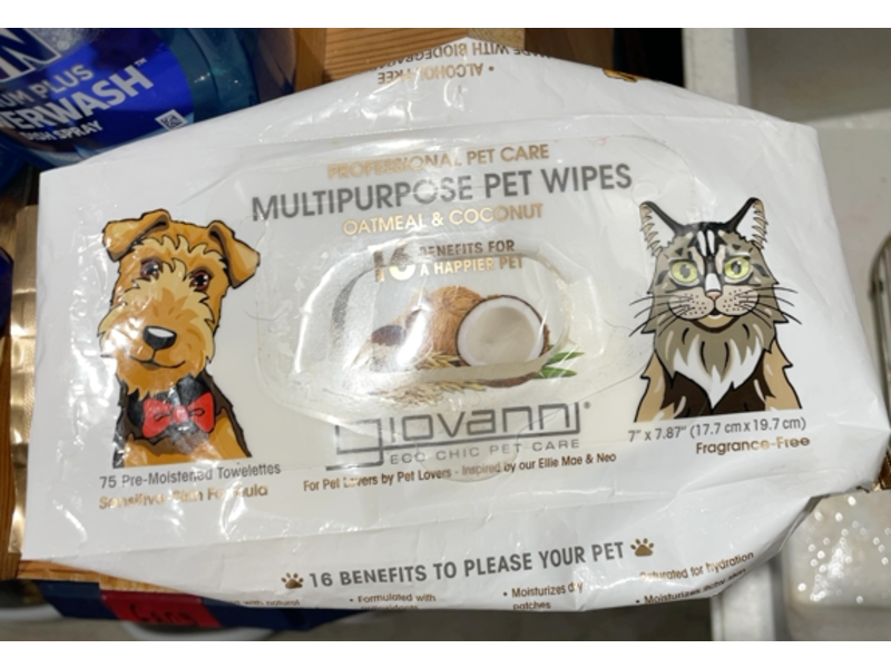 Giovanni Multipurpose Pet Wipes, Oatmeal & Coconut, 75 Count