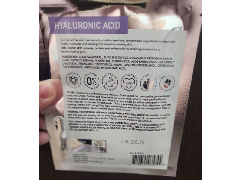 Global Beauty Care Spa Treatment Mask, Hyaluronic Acid, 1 Count