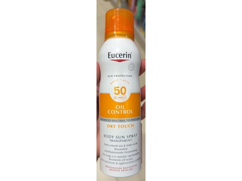 Eucerin Dry Touch Oil Control Body Sun Spray, Transparent, SPF 50, 200 mL