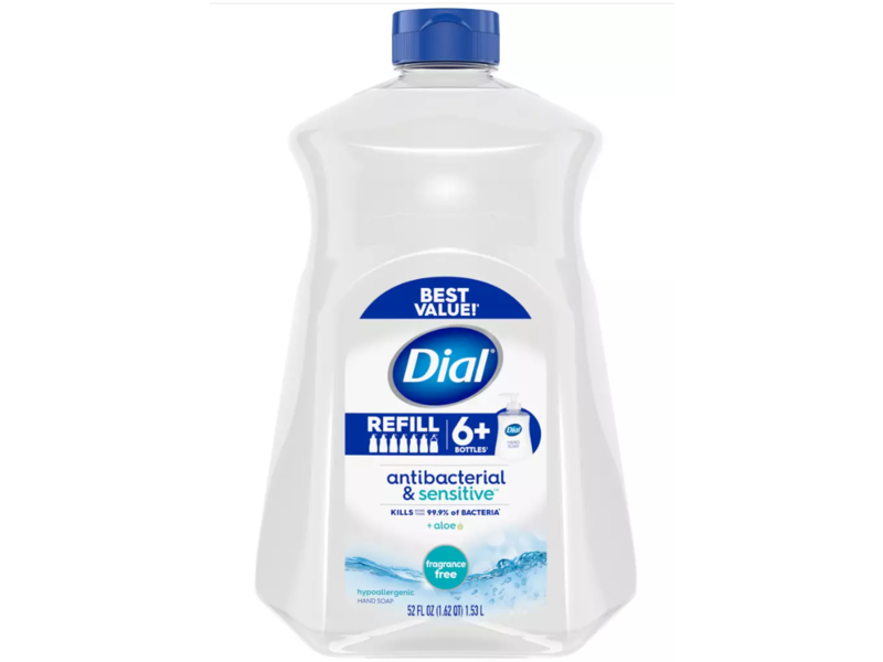 Dial Antibacterial & Sensitive Hand Soap Refill, Fragrance Free, Aloe, 52 fl oz/1.53 L, Pack Of 3