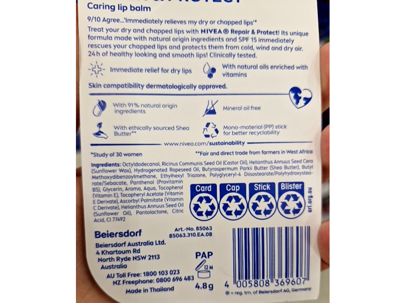 Nivea Repair & Protection Lip Balm, SPF 15, 4.8 g