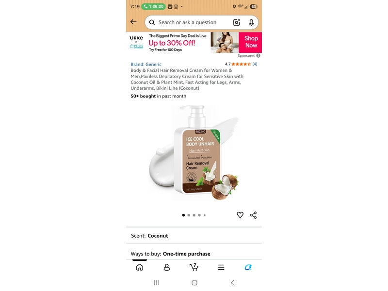 Rozino Ice Cool Body Unhair Hair Removal Cream, Coconut Oil, Plant Mint, 5.291 oz/150 g