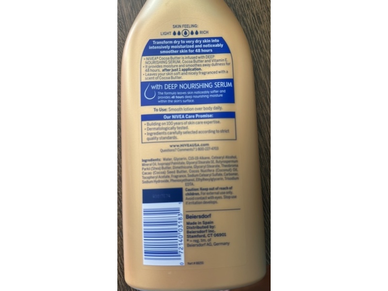 Nivea Body Lotion, Cocoa Butter, 20 fl oz/591 mL
