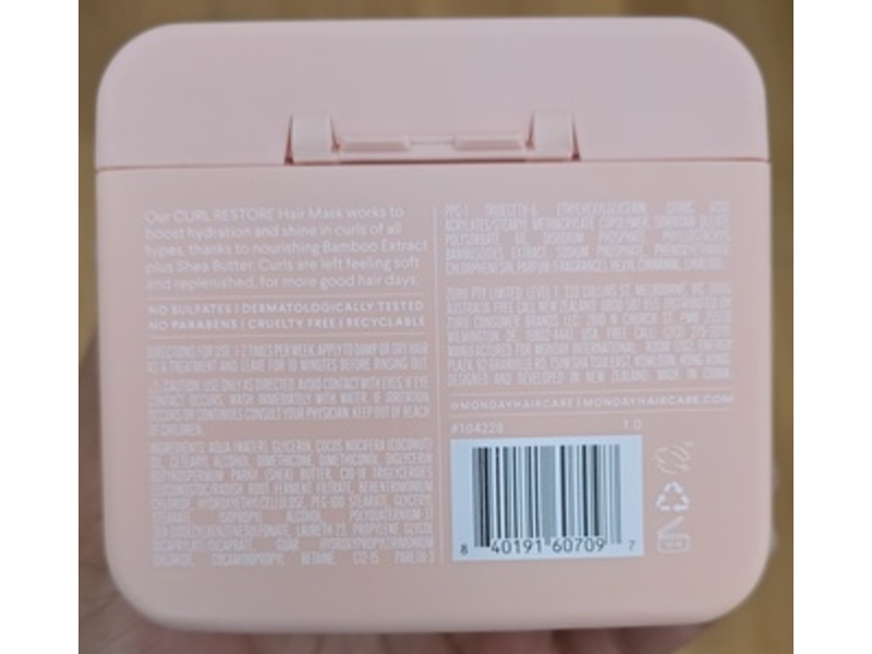 Monday Hair Care Curl Restore Hair Mask, Bamboo Extract, 8.4 fl oz/250 mL