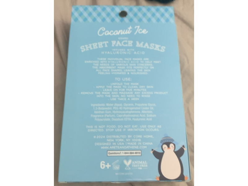 Arete & Athene Coconut Ice Sheet Face Mask, Hyaluronic Acid, 3.03 fl oz/90 mL, 3 Count