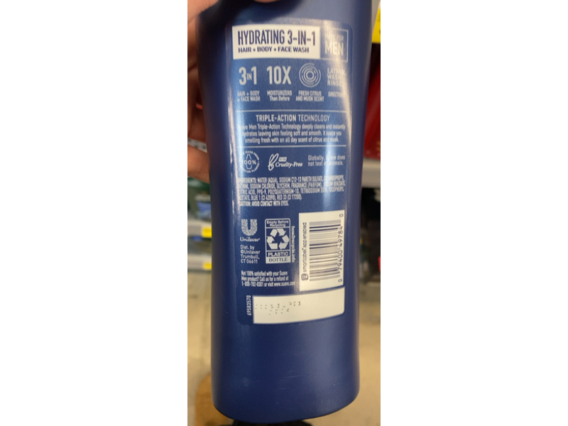 Suave Men Hydrating 3 In 1 Hair + Body + Face Wash, Citrus & Musk, 18 fl oz/532 mL