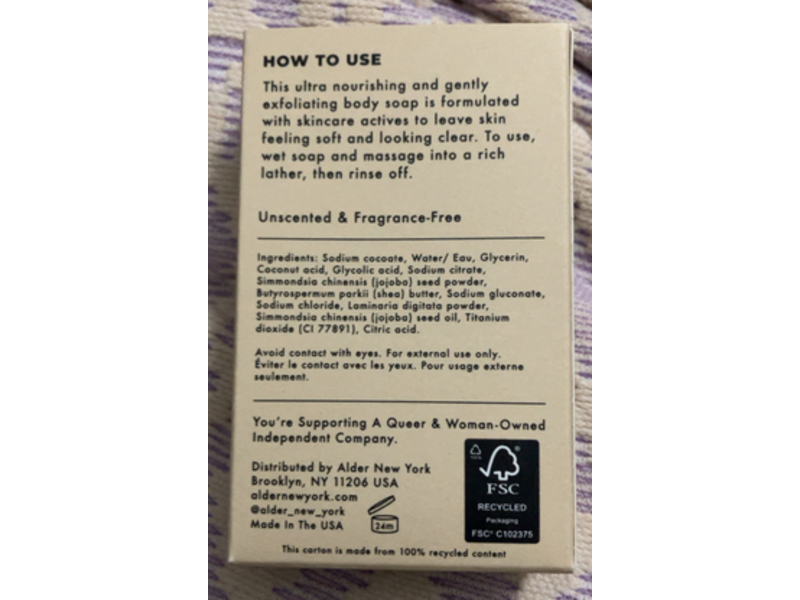 Alder New York Cleansing Body Bar, Glycolic Acid + Sea Kelp + Jojoba, 3.5 oz/100 g