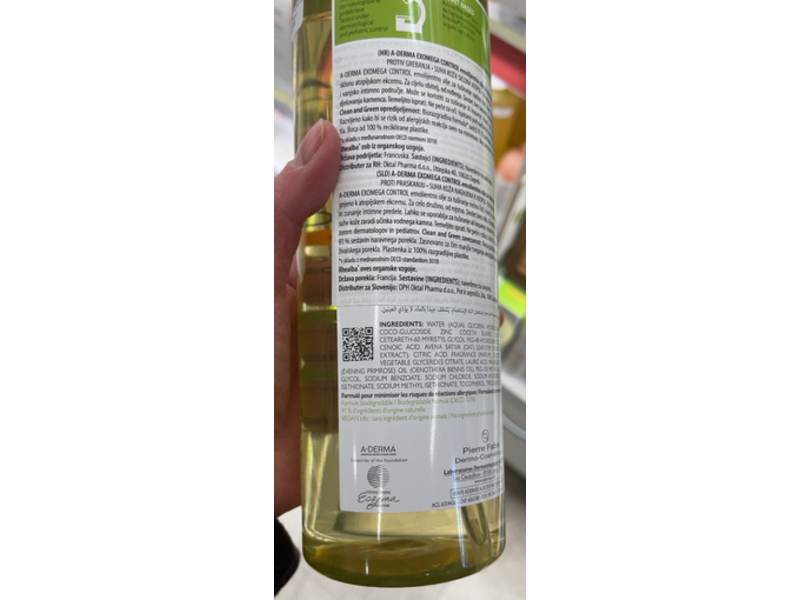 A Derma Exomega Control Emollient Shower Oil Anti-Scratching, Rhealba Oat, 750 mL