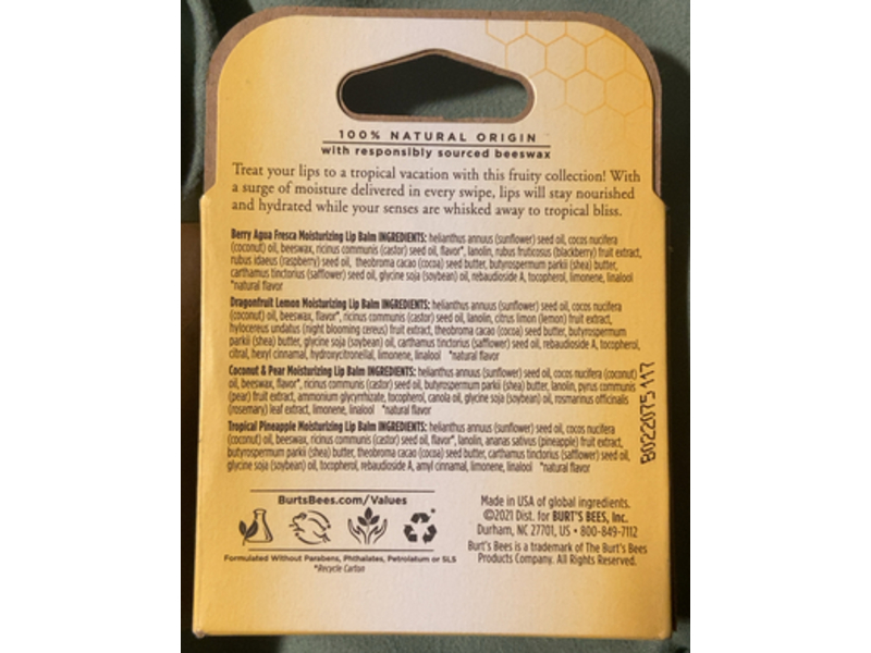 Burt's Bees Lip Balm, Tropical Pineapple, Coconut & Pear, Dragon fruit Lemon, Berry Agua Fresca, 0.6 oz/17 g, Pact Of 4