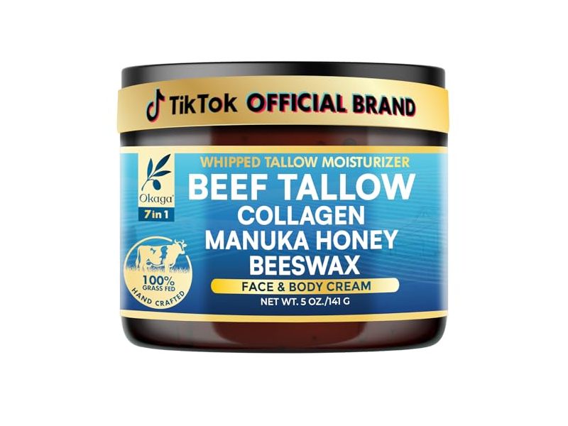 Okaga Whipped Tallow Moisturizer Face & Body Cream, Beef Tallow + Collagen + Manuka Honey + Beeswax, 5 oz/141 g