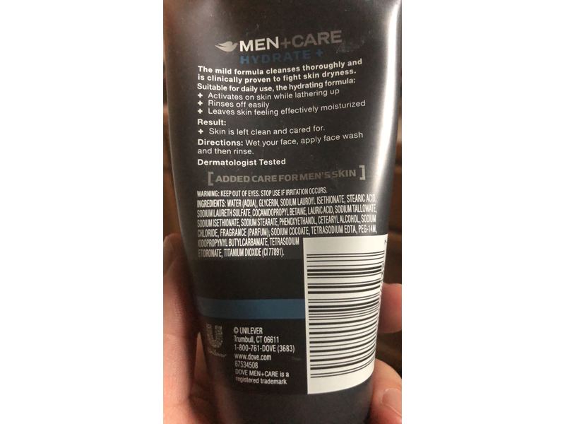 Dove Men + Care Face Wash, Hydrate+, 5 fl oz/148 mL.