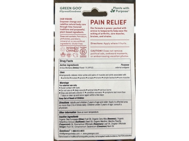 Green Goo Pain Relief Salve, Arnica + Ginger + Peppermint, 1.82 oz/51.7 g