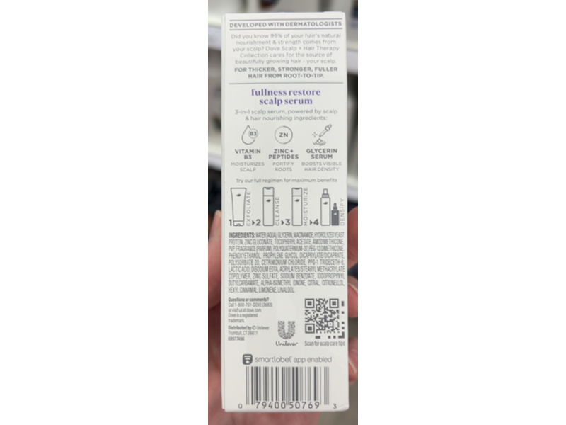 Dove Scalp + Hair Therapy Density Boost Serum, Niacinamide 5%, Glycerin 10%, Zinc + Peptides, 2 fl oz/59 mL