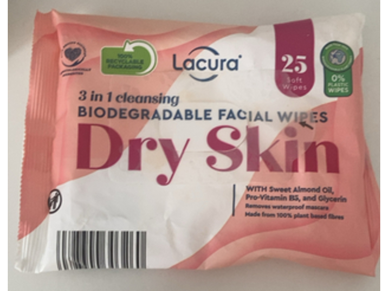 Lacura 3-In-1 Cleansing Facial Wipes, Sweet Almond Oil+Pro-Vitamin B5 & Glycerin, 25 Count