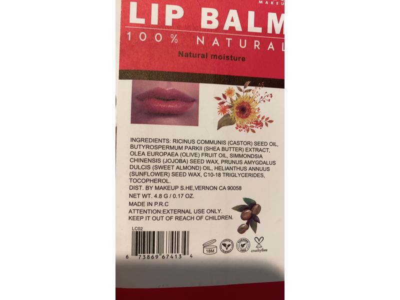 She Makeup Lip Balm, Olive Oil, Sunflower, Castor Seed Oil, 0.17 oz/4.8 g