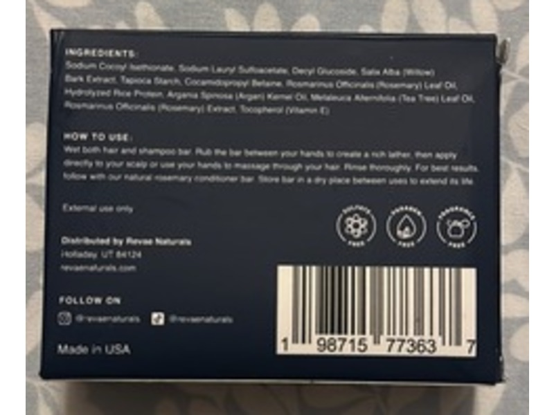 Revae Naturals Shampoo Bar, Rosemary White Willow Tea Tree, 4.35 oz/123 g